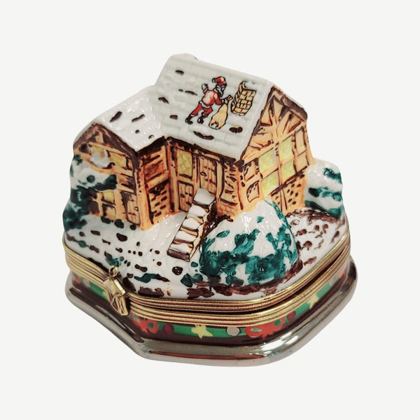Santa on Roof of Winter Country House Cottage Porcelain Limoges Trinket Box