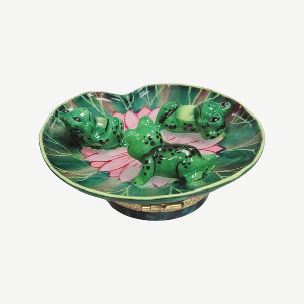 3 Frogs Laying on Lillypad Porcelain Limoges Trinket Box