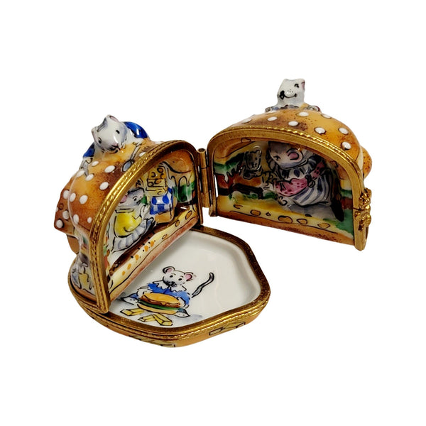 3 Hinged Mice House Eating Cheeseburger Rare Porcelain Limoges Trinket Box
