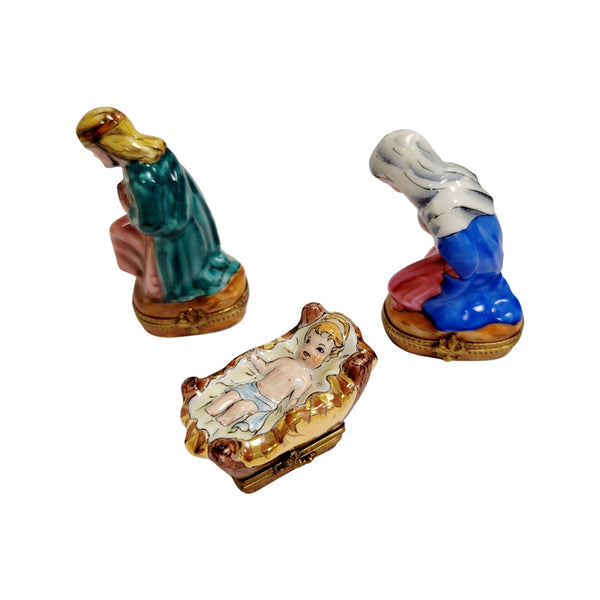 3 piece Nativity mary Joseph baby Hay Bottom Porcelain Limoges Trinket Box