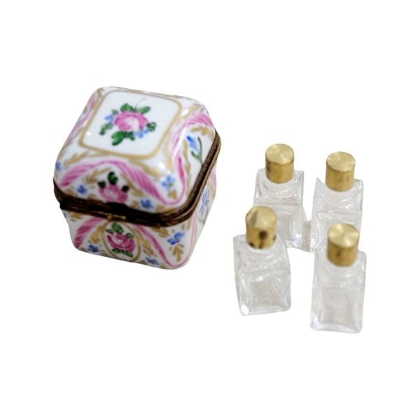 4 Perfume Pink Flowers Square Porcelain Limoges Trinket Box