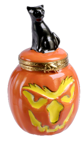 Pumpkin With Black Cat Limoges Porcelain Box