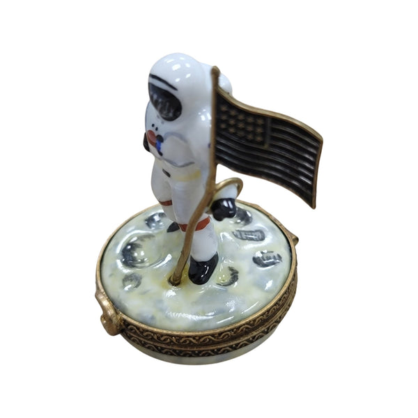 Astronaut American Flag Moon Porcelain Limoges Trinket Box