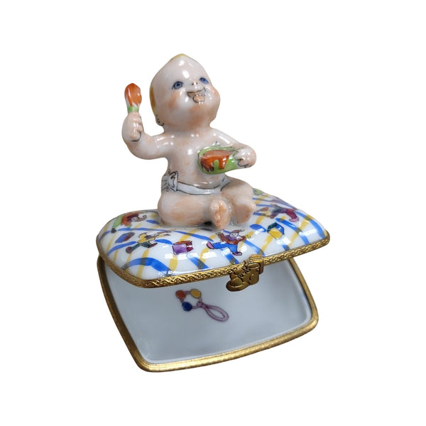 Baby Eating on Pillow Porcelain Limoges Trinket Box