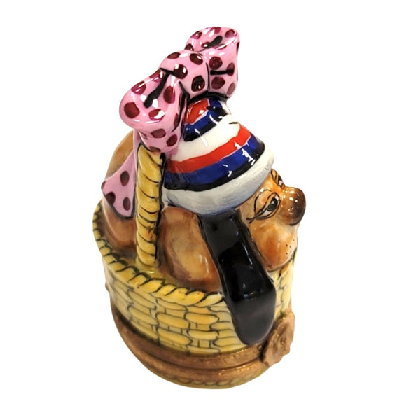 Bassett Hound Dog in Basket Porcelain Limoges Trinket Box