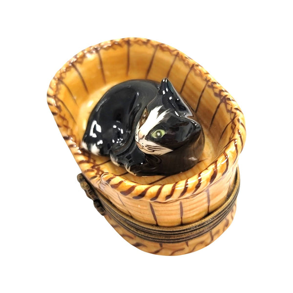 Black Cat in Basket Porcelain Limoges Trinket Box