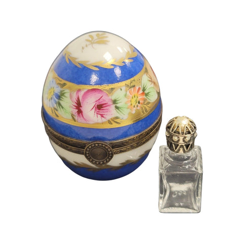 Blue Perfume Egg w Flowers Porcelain Limoges Trinket Box
