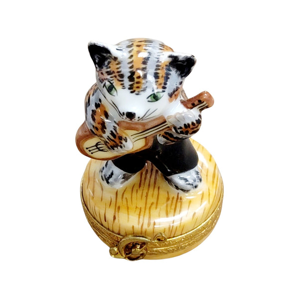 Cat Playing Guitar Porcelain Limoges Trinket Box