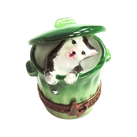 Cat in Green Trashcan Porcelain Limoges Trinket Box