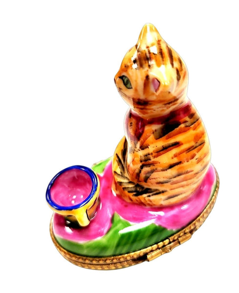 Cat w Pink Cup Porcelain Limoges Trinket Box