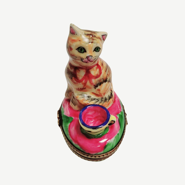 Cat w Pink Cup Porcelain Limoges Trinket Box
