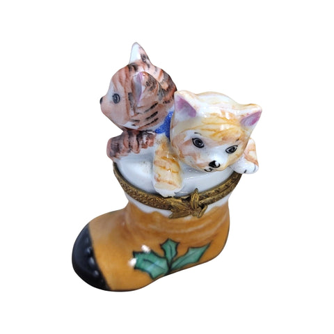 Cats in Stocking Boot Porcelain Limoges Trinket Box