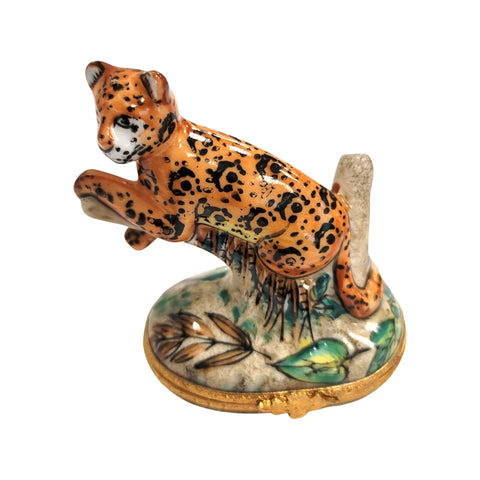 Cheetah on Log Wild Porcelain Limoges Trinket Box