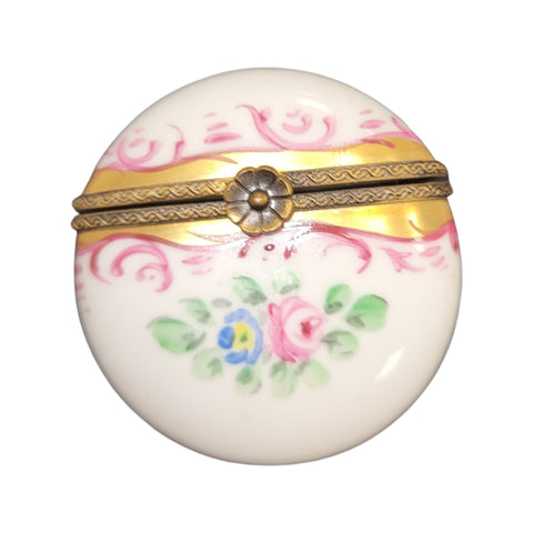 Gold Pink Flat Round Pill Porcelain Limoges Trinket Box
