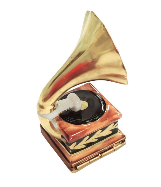 Gold Victrola record player Porcelain Limoges Trinket Box