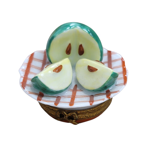 Green Apple on Plate Porcelain Limoges Trinket Box
