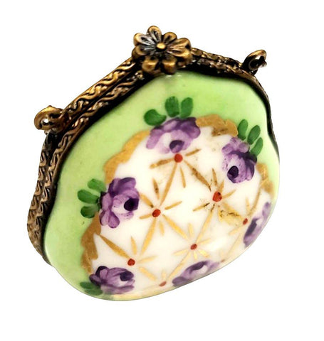 Green Purse Purple Flowers w Special Antiqued Brass One of a Kind Hand Painted Porcelain Limoges Trinket Box