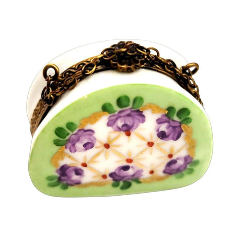 Green Purse w Purple Roses w Special Antiqued Brass One of a Kind Hand Painted Porcelain Limoges Trinket Box