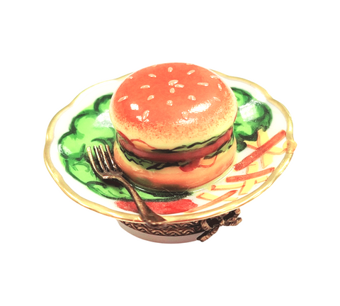 Hamburger Fries on Plate Porcelain Limoges Trinket Box