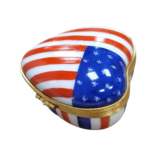 Heart Patriotic American Flag United States Porcelain Limoges Trinket Box