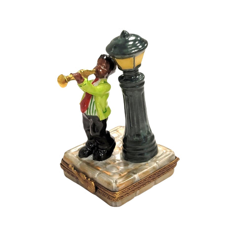 Jazz Man New Orleans Lamp Trumpet Porcelain Limoges Trinket Box