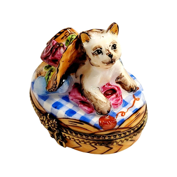 Kitty Cat under Bonnet Hat Porcelain Limoges Trinket Box