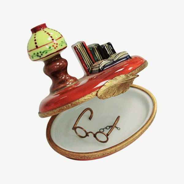 Lamp w Book Glasses Porcelain Limoges Trinket Box