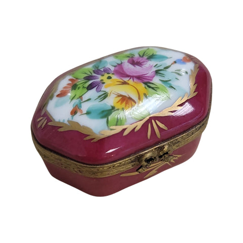 Maroon w Flowers Hexa Oval Porcelain Limoges Trinket Box
