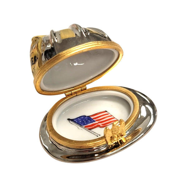 New York Fireman Hat Patriotic American Heart United States Porcelain Limoges Trinket Box