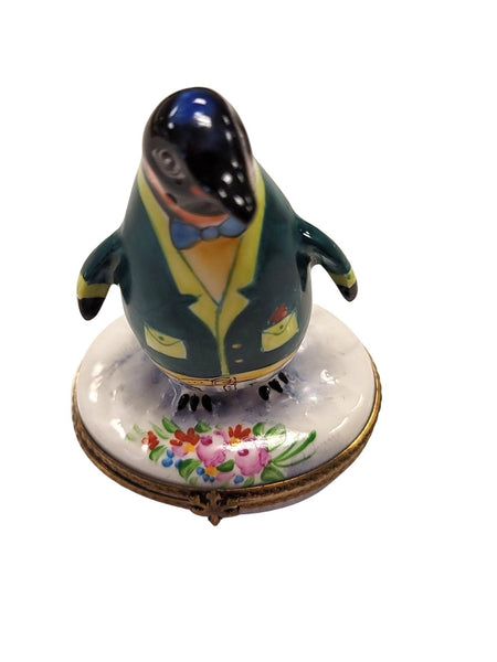 Penguin w Flowers & Tuxedo Porcelain Limoges Trinket Box