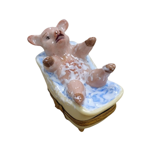 Pig in Bathtub Porcelain Limoges Trinket Box