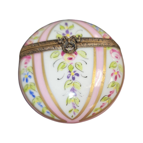 Pink Gold w Flowers Flat Round Pill Porcelain Limoges Trinket Box