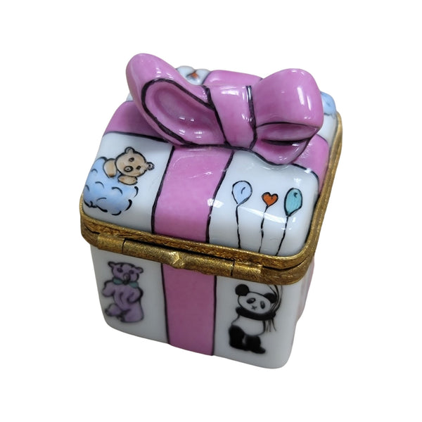 Pink Ribbon Present Baby Gift Porcelain Limoges Trinket Box