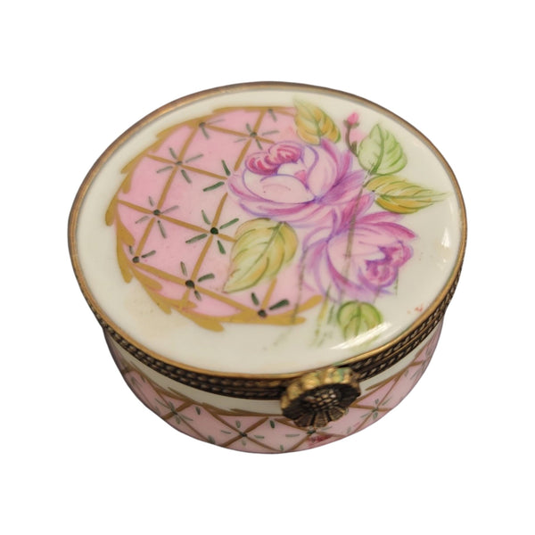 Pink Roses Round Pill Porcelain Limoges Trinket Box