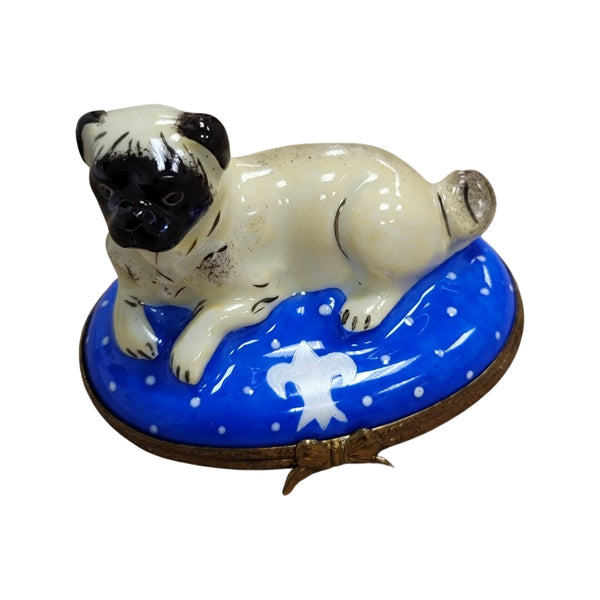 Pug Dog on Blue Porcelain Limoges Trinket Box