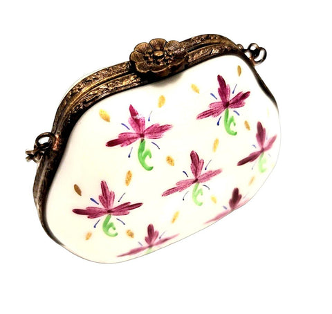 Purse Purple Green Flowers w Special Antiqued Brass One of a Kind Hand Painted Porcelain Limoges Trinket Box
