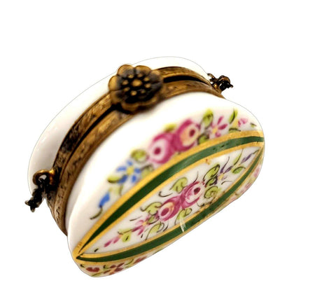 Purse w Flowers and Green Line Antiqued Brass One of a Kind Hand Painted Porcelain Limoges Trinket Box