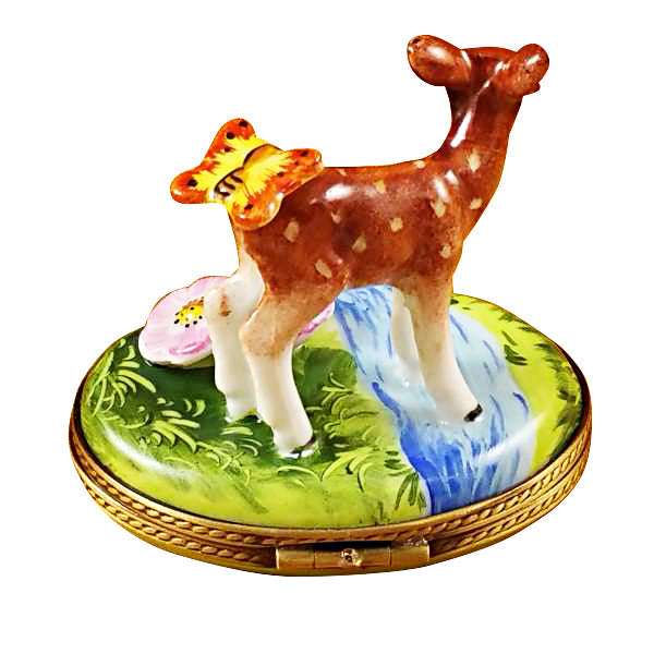 Deer with Butterfly and Flowers Limoges Porcelain Box