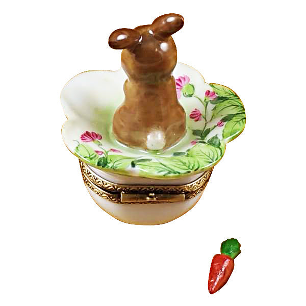 Brown Bunny on Leaf with Removable Carrot Limoges Porcelain Box