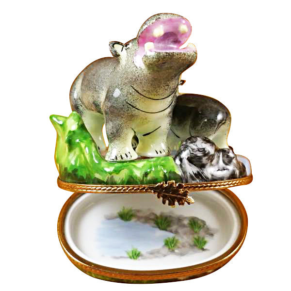 Hippo and Baby Limoges Porcelain Box