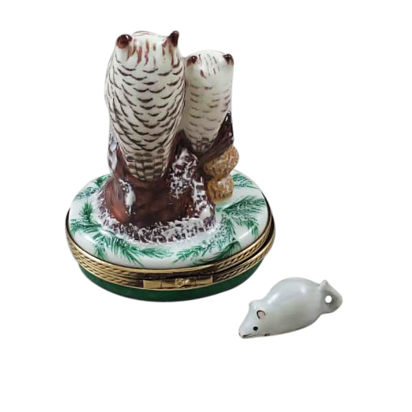 Two Owls with Snow Mouse Limoges Porcelain Box