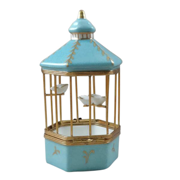 Tiffany Blue Bird Cage with 3 Gold Birds Limoges Porcelain Box