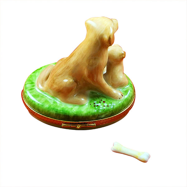 Sitting Yellow Lab & Puppy And Removable Bone Limoges Porcelain Box