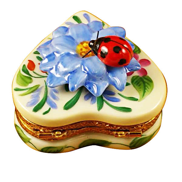 Heart Blue Flowers with Ladybug Limoges Porcelain Box