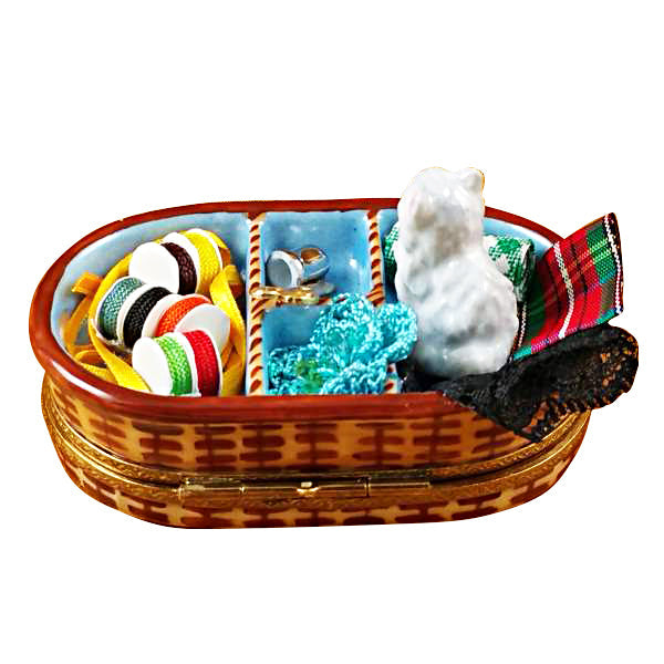 Sewing Basket with Cat Limoges Porcelain Box