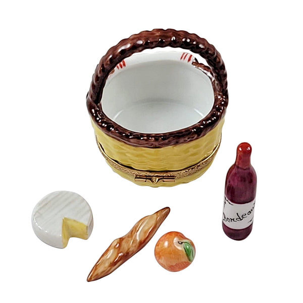Yellow Picnic Basket with Bread, Wine, Cheese And Fruit Limoges Porcelain Box