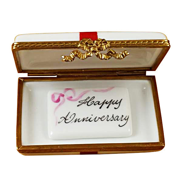 Gift Box with Red Bow Happy Anniversary Limoges Porcelain Box
