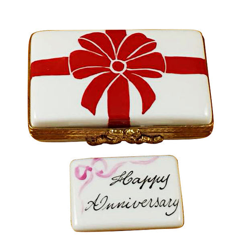 Gift Box with Red Bow Happy Anniversary Limoges Porcelain Box