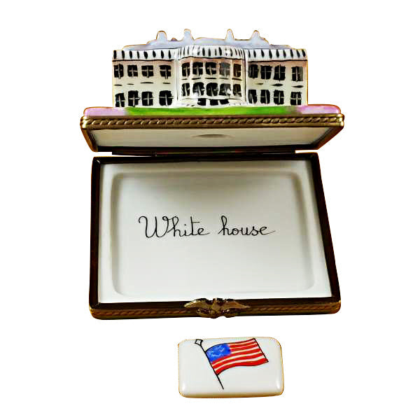 White House with Removable Porcelain Flag Limoges Porcelain Box