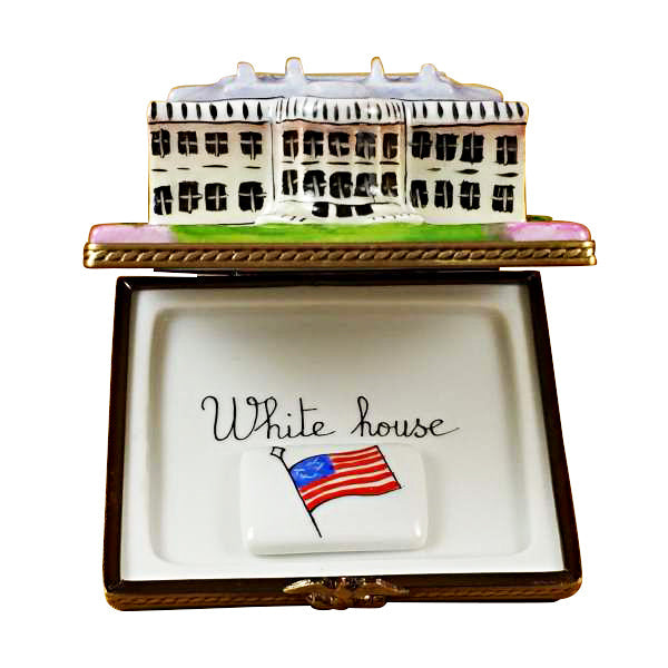 White House with Removable Porcelain Flag Limoges Porcelain Box
